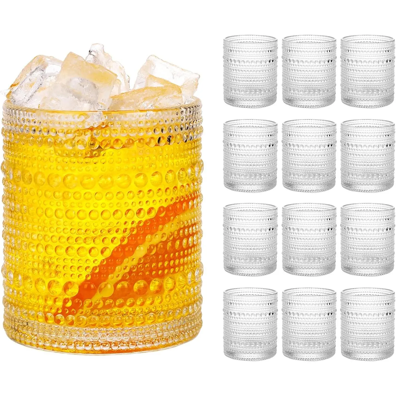 Hobnail Drinking Glasses Set of 12, 10 Oz Clear Vintage Cocktail Glasses Textured Bubble Glass Cups Old Fashion Water Glassware Set