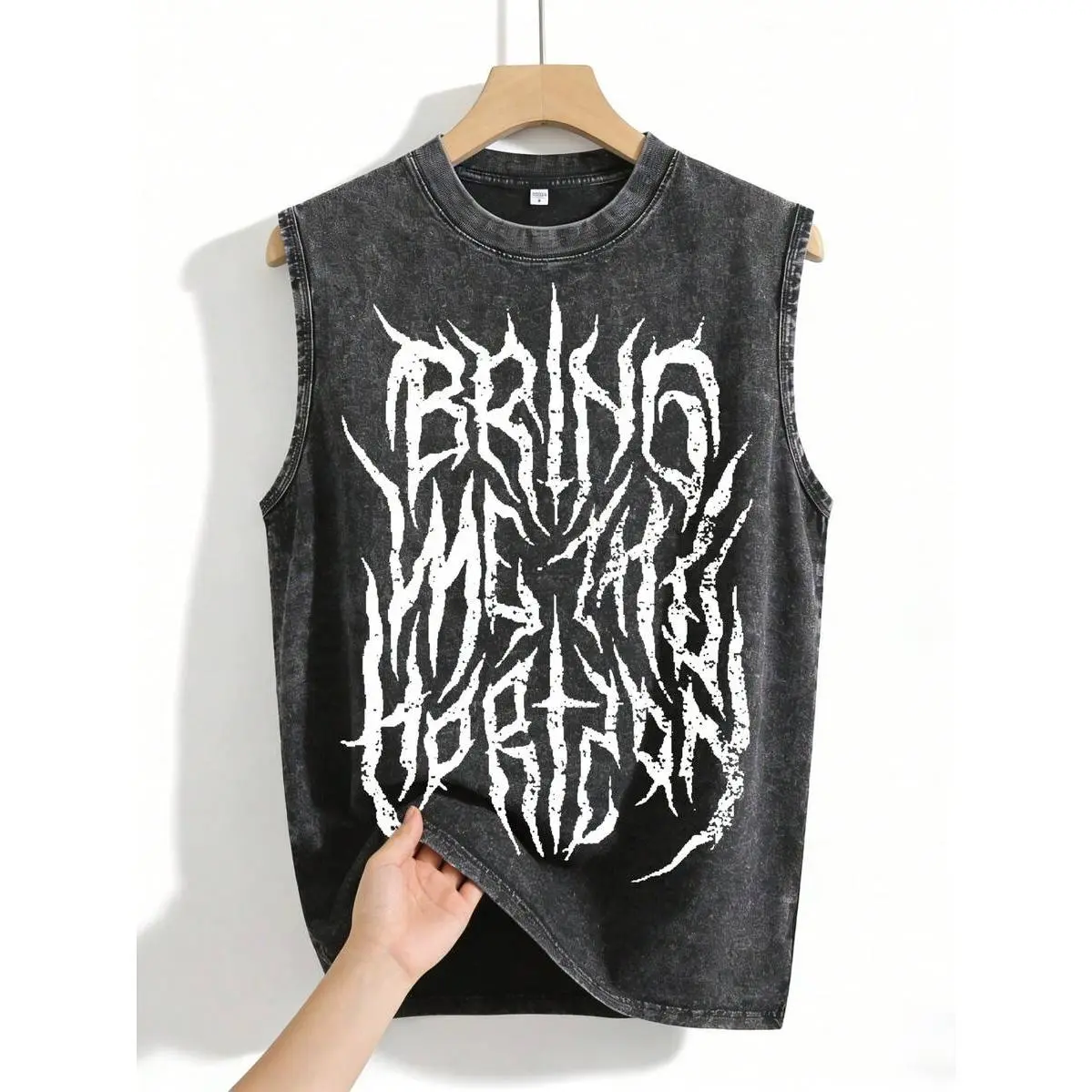Unisex Vintage Washed Sleeveless T-shirt Bring Me The Horizon Metal Band Gothic Font Graphic Tank Top Retro Distressed Loose Crew Neck Vest Casual Outdoor Street Fashion T-shirt For Men Women Daily Summer Basic T Shirt Rock Music Graphic T Shirt