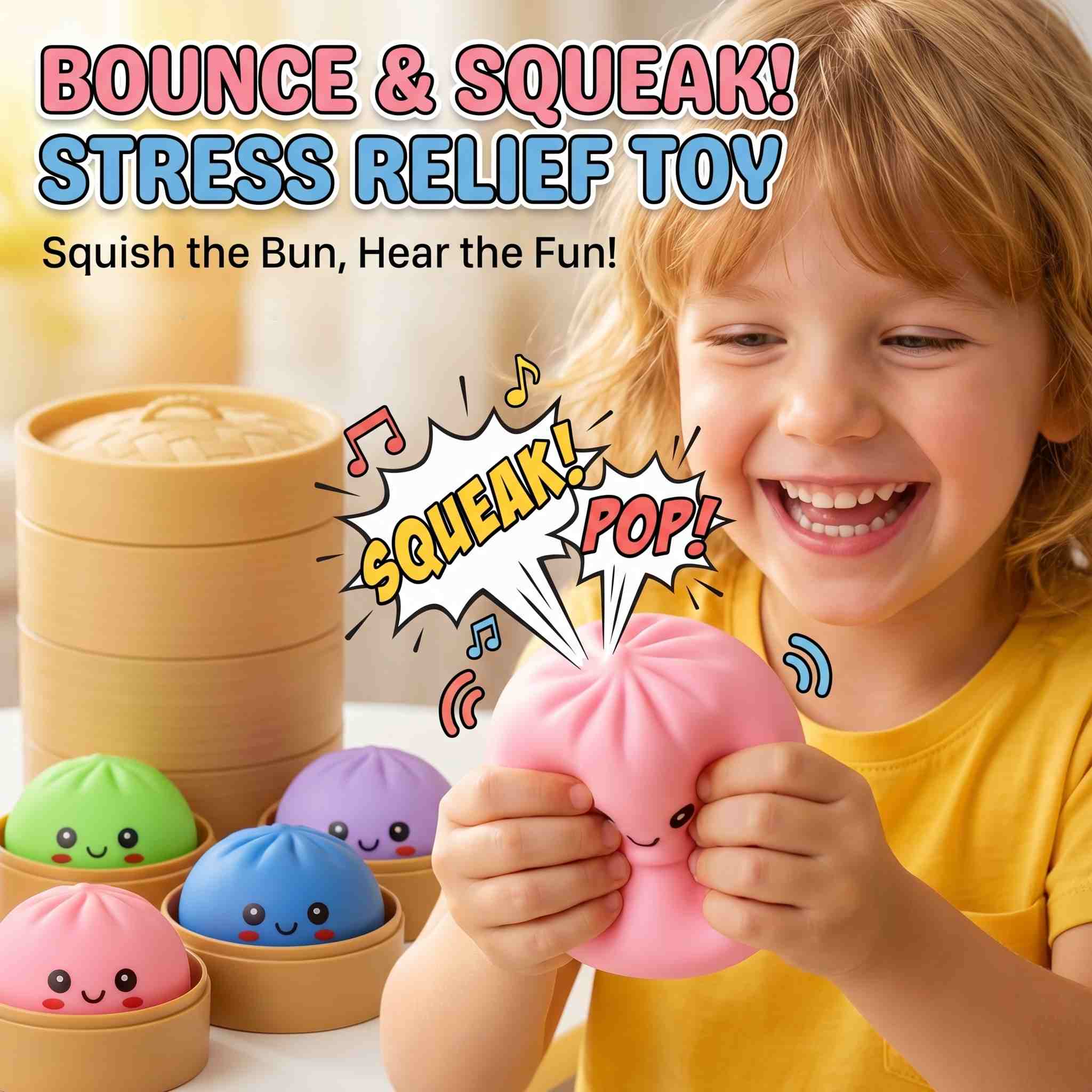 Squeak & Squeeze! Stress Relief Squeaky Dumpling Squishy Toy – Soft Sensory Fidget Toy, Funny Prank, Anxiety Relief