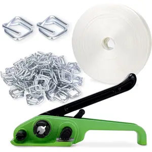 Banding Strapping Kit Pallet Packaging Strapping Tool Set,Upgraded Strapping Tensioner,3/4" x 330' Heavy Duty Woven Cord (2500 LBS Break Strength), 100 Metal Wire Buckles