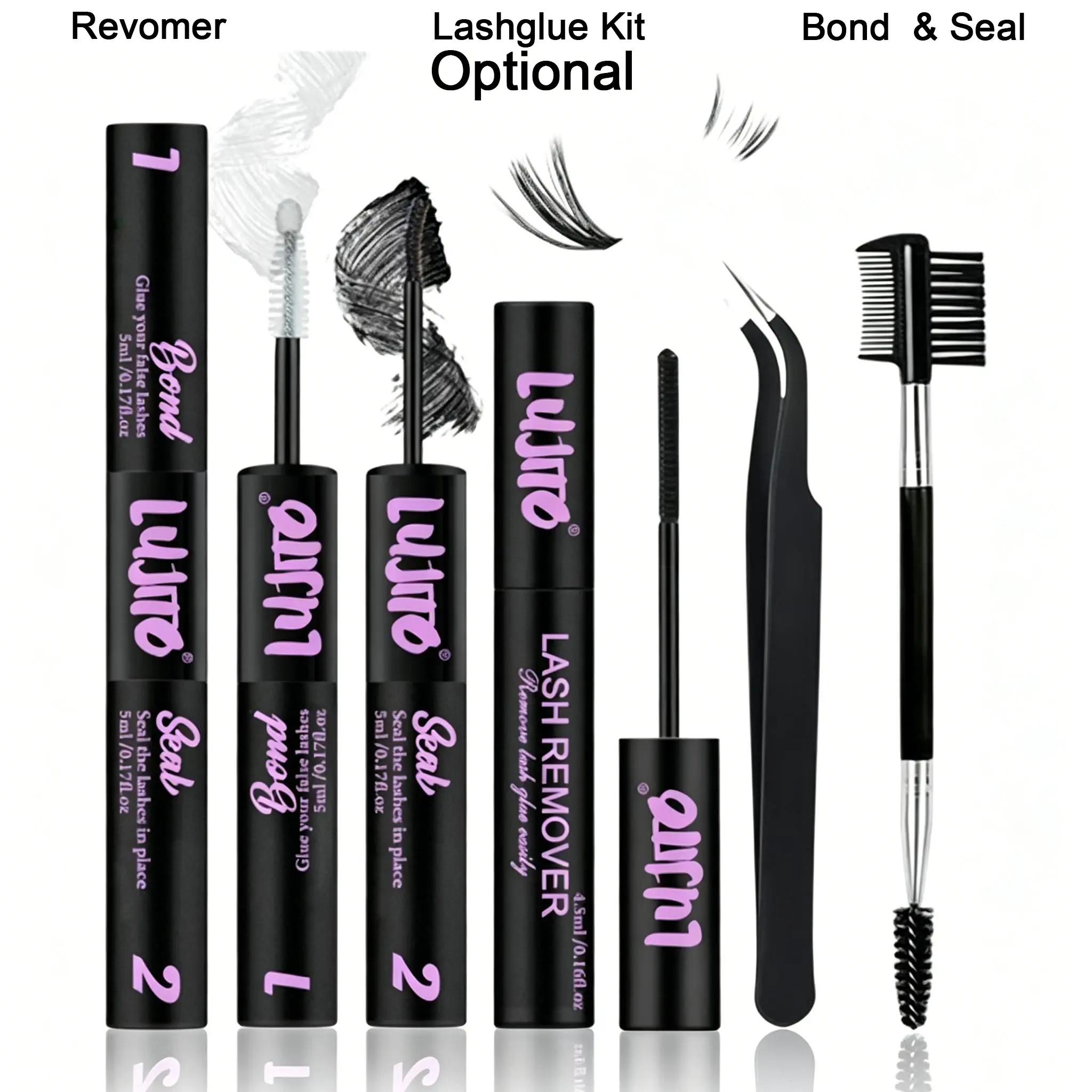 1/4-Piece Eyelash Bonding & Sealing Set (includes 10ml bond & seal,remover, lash comb, and tweezers); features ultra-long-lasting hold and a hypoallergenic formula; suitable for DIY lash extensions and personal use; Eyelash Extension Supplies