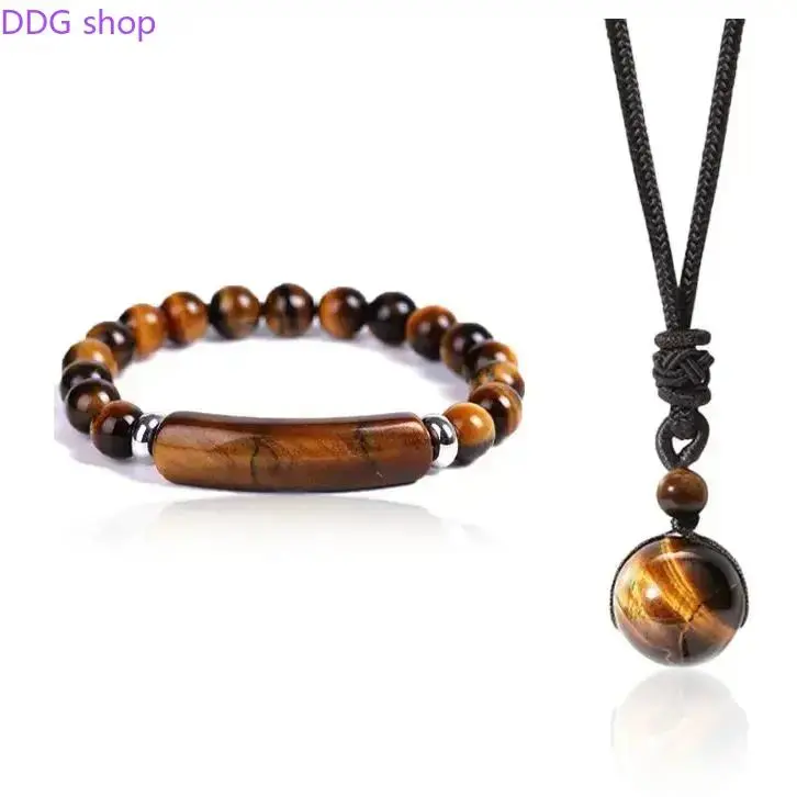 2pcs Tiger eye Obsidian Malachite Sodalite Pendant Necklace&bracelet Wealth Gemstone Healing Crystal Energy 14mm Beads Unisex Valentine’s gift