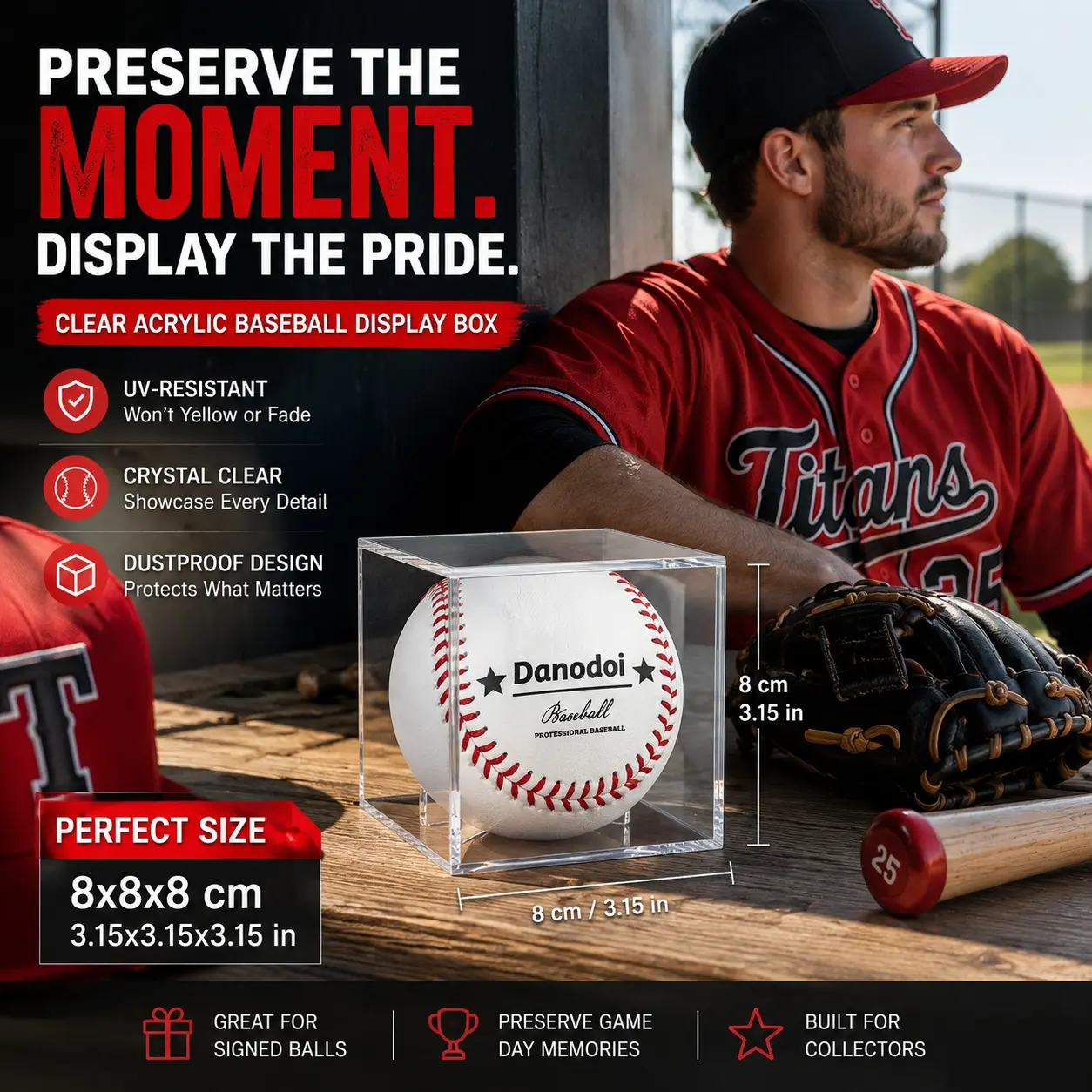 Acrylic Baseball Display Case, UV Protected，Clear Minimalist UV-Resistant Baseball Cube Box, Dust-Proof 8x8x8 cm/3.15in Ball Holder with Stable Stand for Autographed Baseball, Sports Memorabilia, Collectors, Fans, Home Office Shelf Gift Decor