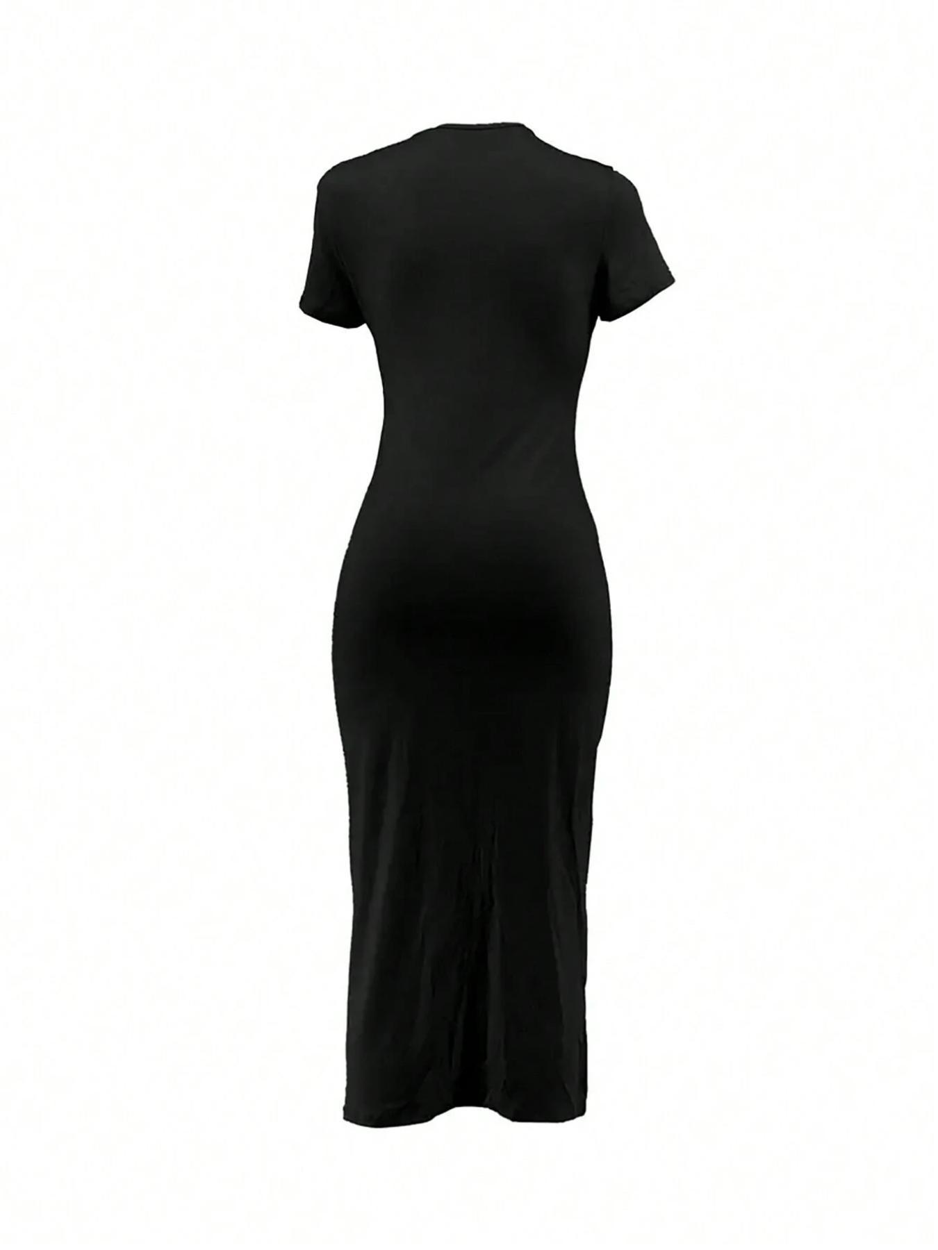 Women's Plain Ruched Drawstring Split Thigh Bodycon Dress, Lady Casual Asymmetrical Round Neck Shortsleeve Dress for Party Club Dating Wear, Women's Dress for Summer, Womenswear, Minimalist Date Night Dresses, Bodycon Side Slit, Formal Bodycon Dress