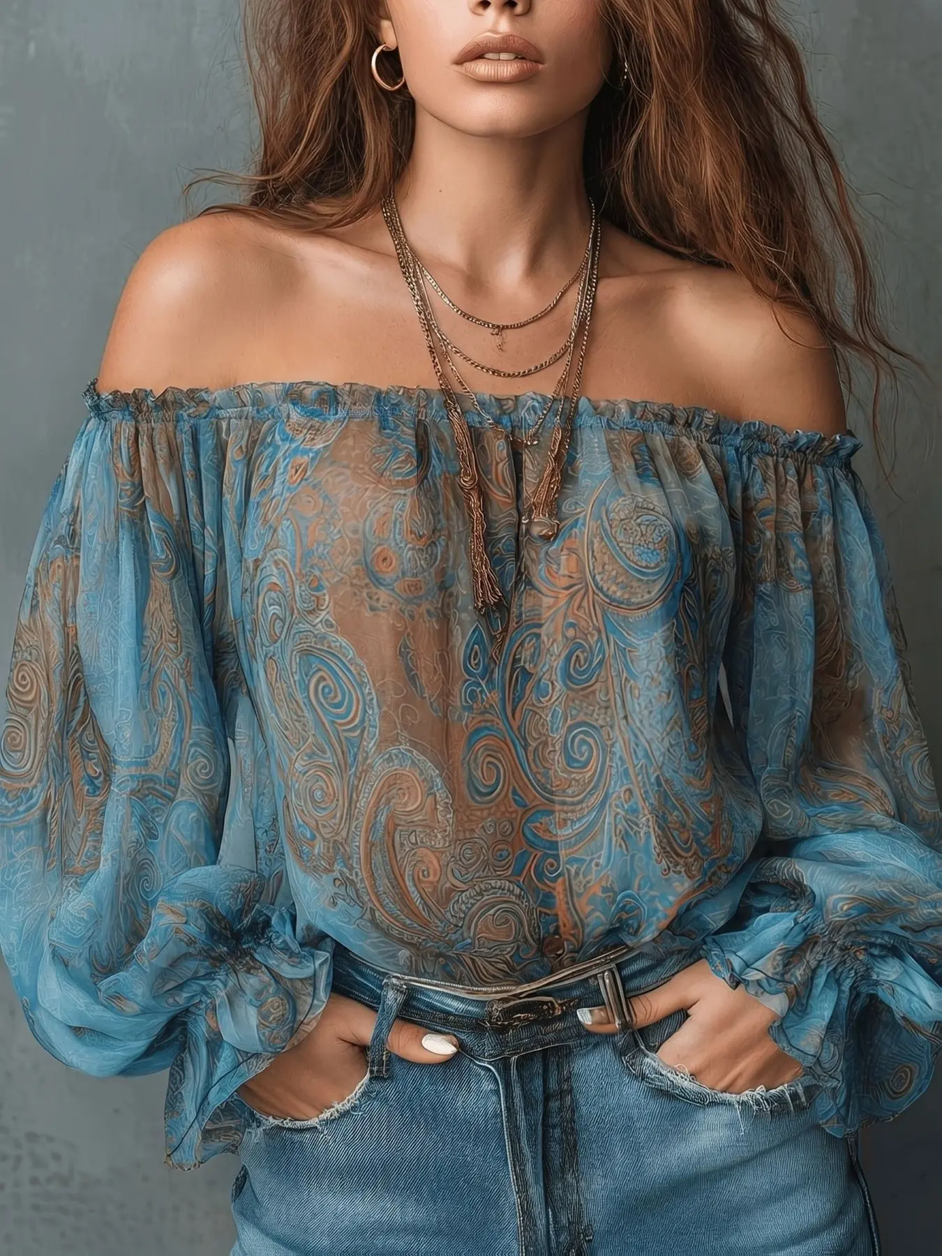 Women's Fashion Paisley Pattern One-Shoulder Strapless Top, Casual Loose-Fitting Lightweight Breathable Boho Style Shirt Blouse, Plain Surface, Unlined, China Made