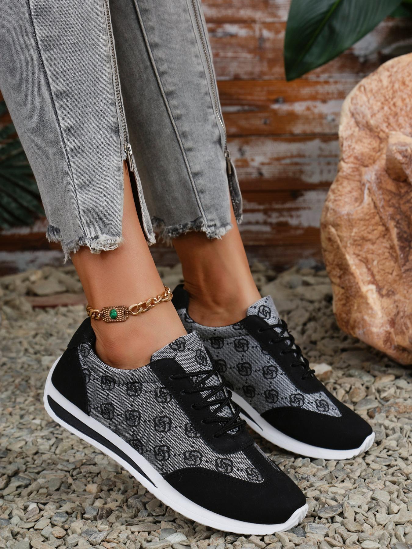 Women's Fashionable Floral Pattern Lace Up Low Top Sneakers, Casual Comfortable Breathable Sports Running Shoes, All-match Basic Shoes for Daily Wear, Sporty Running Shoes