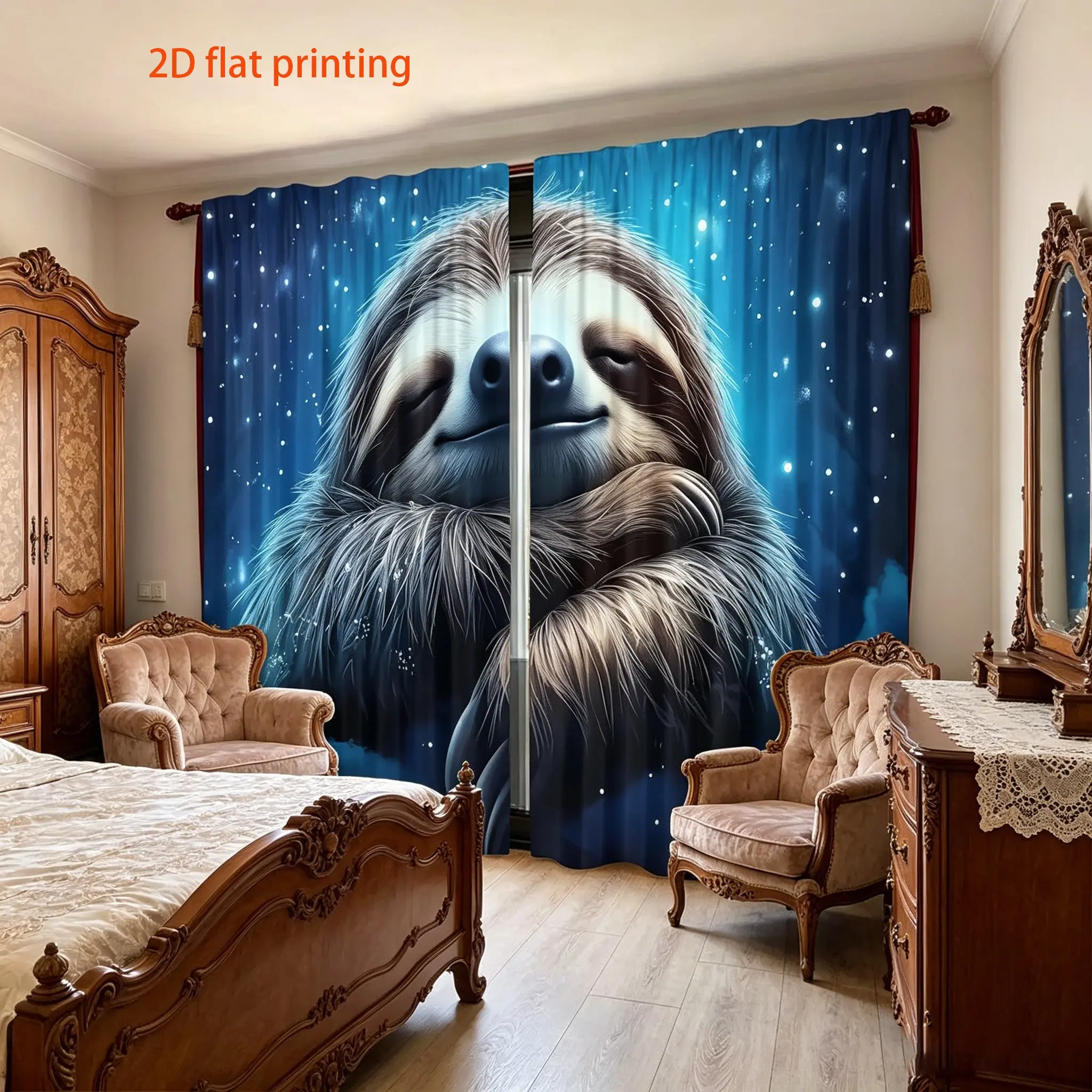 Cute Sloth Starry Sky Curtains Set, Half-Blackout Polyester Fabric, Soft Textured, Living Room & Bedroom Decor, Window Curtain