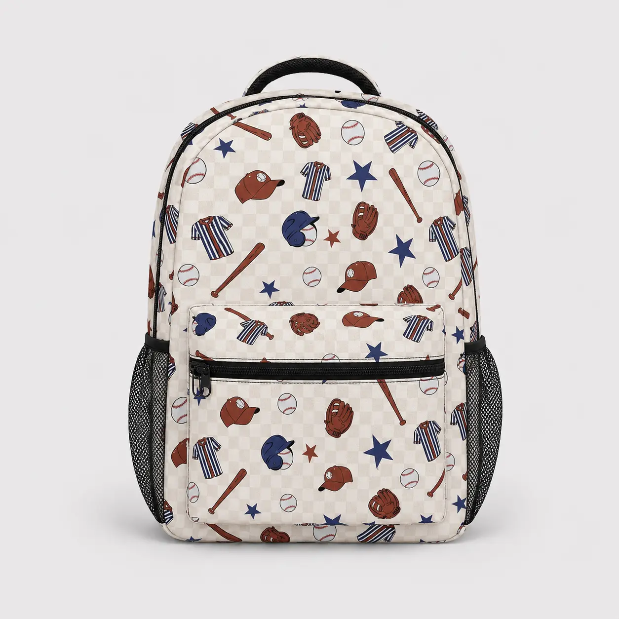 Baseball Print Backpack, Sport Theme Everyday Daypack with Front Zipper Pocket, Dual Mesh Side Pockets, Top Handle and Adjustable Shoulder Straps for School, Work, Travel, Game Day and Daily Carry