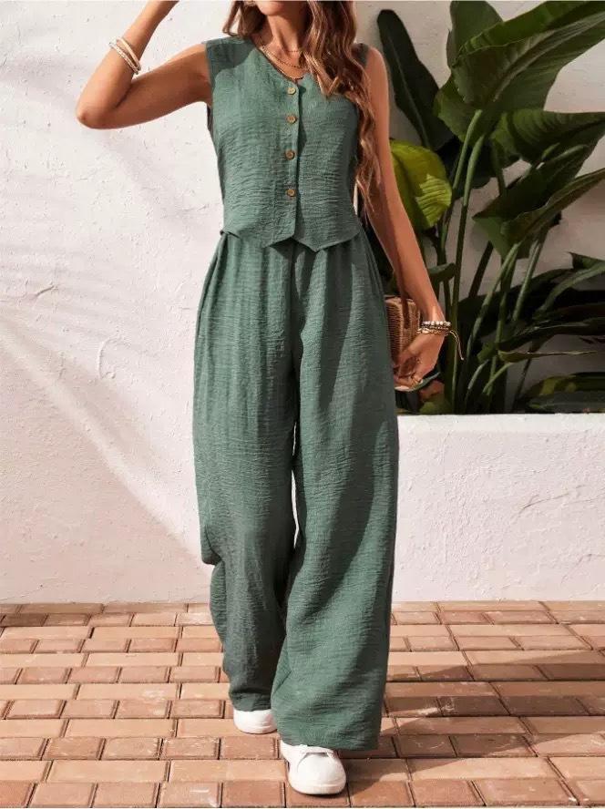 Women's 2 Piece Vest and Pants Set, Casual Button Down Waistcoat and Wide Leg Pants Matching Outfit