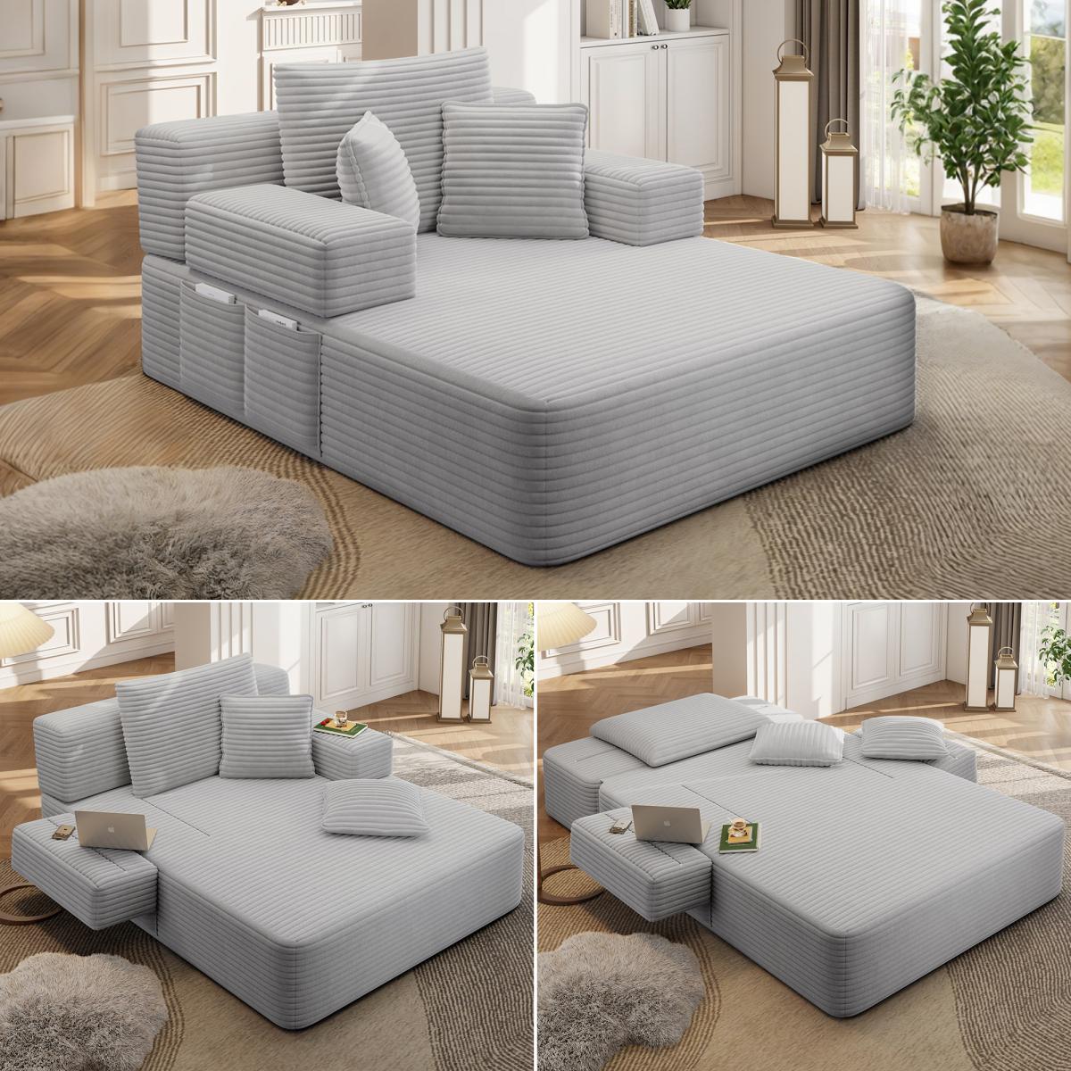 Luxurious Plush Corduroy Chaise Lounge with 3 Pillows, Convertible Sofa Bed with Storage Pocket, Frameless Design & Compression Foam for Small Spaces, Living Room, Apartment,Light Grey