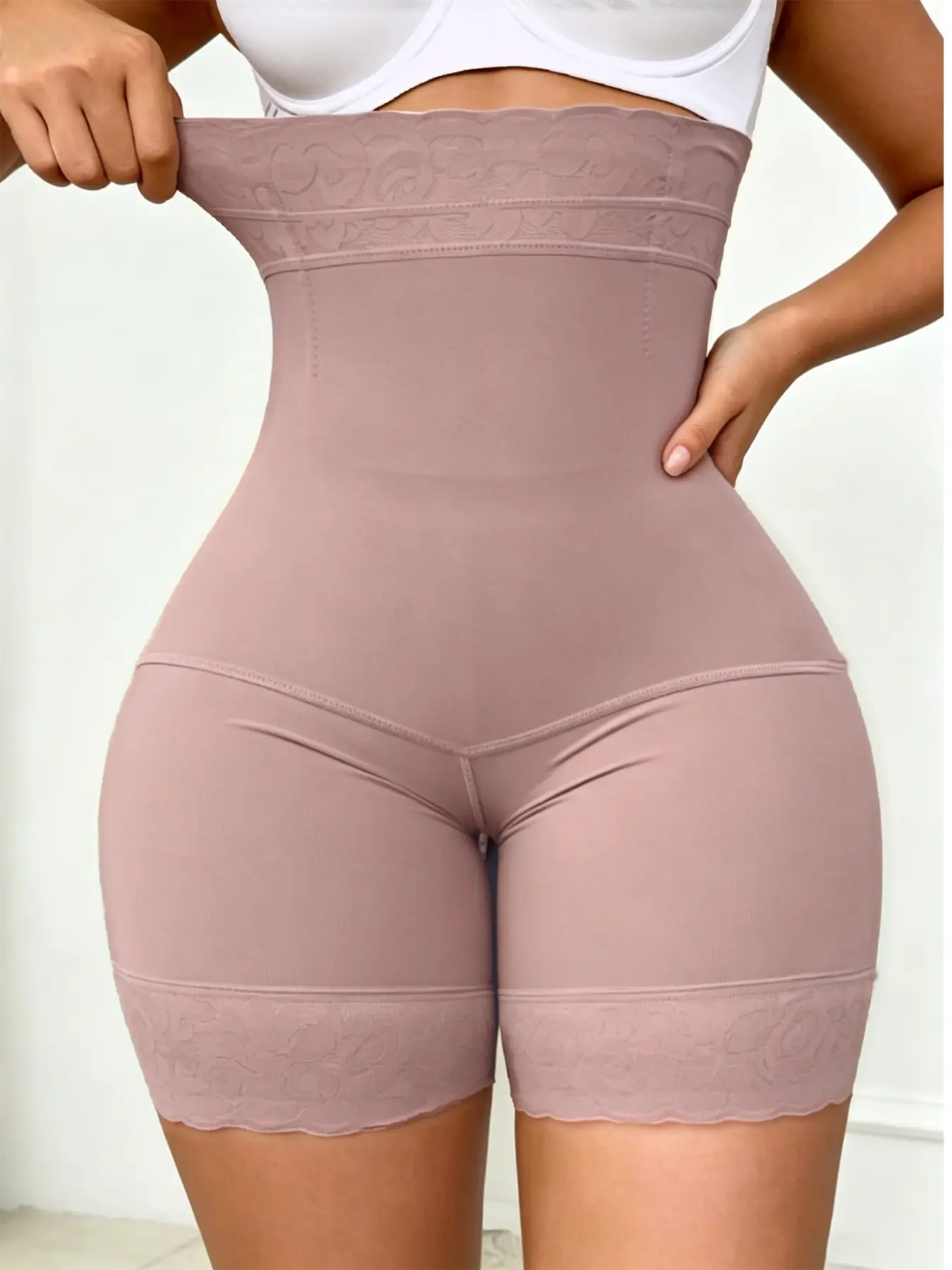 Women's High-Waisted Body Shapewear Shorts, Tummy Control Butt Lifting, Breathable Seamless Smooth Design, Zipper Crotch Lace, Casual & Sporty, Underwear, High Waisted Girdles
