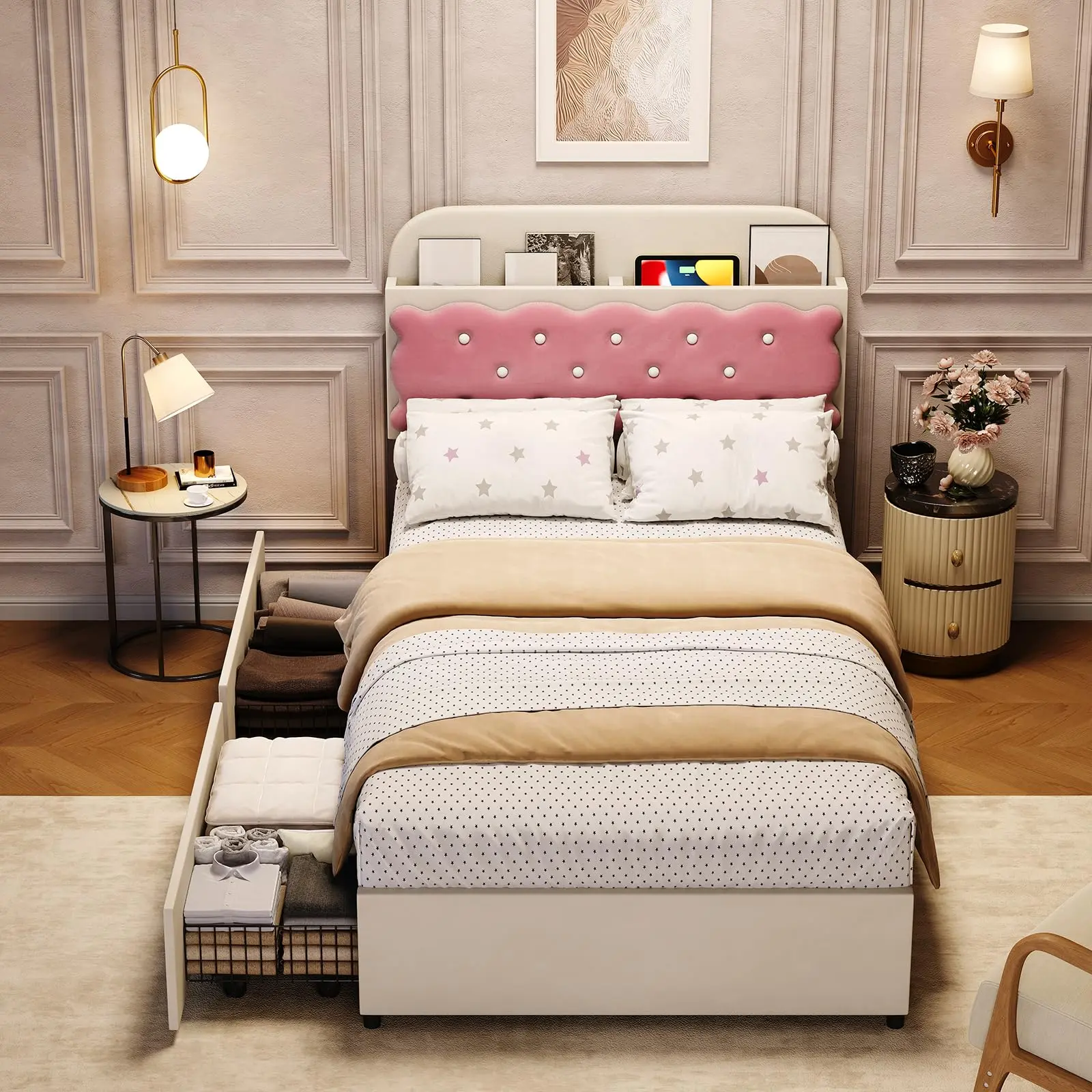 GAOMON Blush Pink Upholstered Bed Frame - Multi-Size (Twin, Full, Queen), Storage Headboard with Cubby & 2 Drawers, No Box Spring Needed, Easy Setup & Assembly