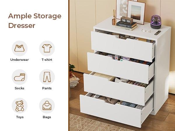 Sikaic Modern White Dresser with 4 Drawers Freestanding Wood Cupboard for Bedroom Living Room Hallway Storage Chest of Drawers with Metal Slide Rail Anti-tipping Belt