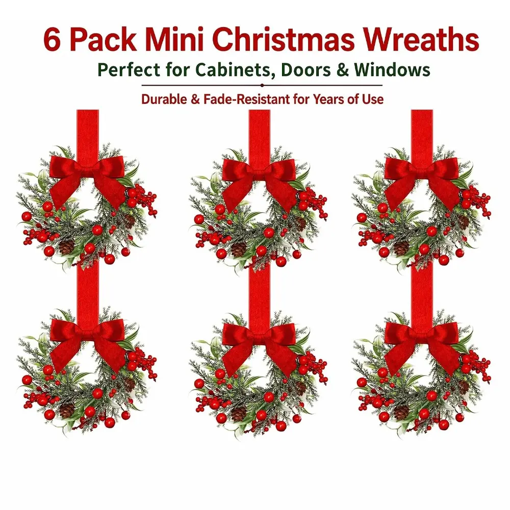 6-Pack Christmas Mini Window Wreaths with Ribbon Bows & Red Berries - Small Cabinet Hangers, Farmhouse Style Kitchen Door Decor for Christmas Party Arrangements
