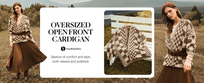 Saodimallsu Womens Checkered Sweater Color Block Plaid Cardigans Oversized Long Sleeve Knit Open Front Coats