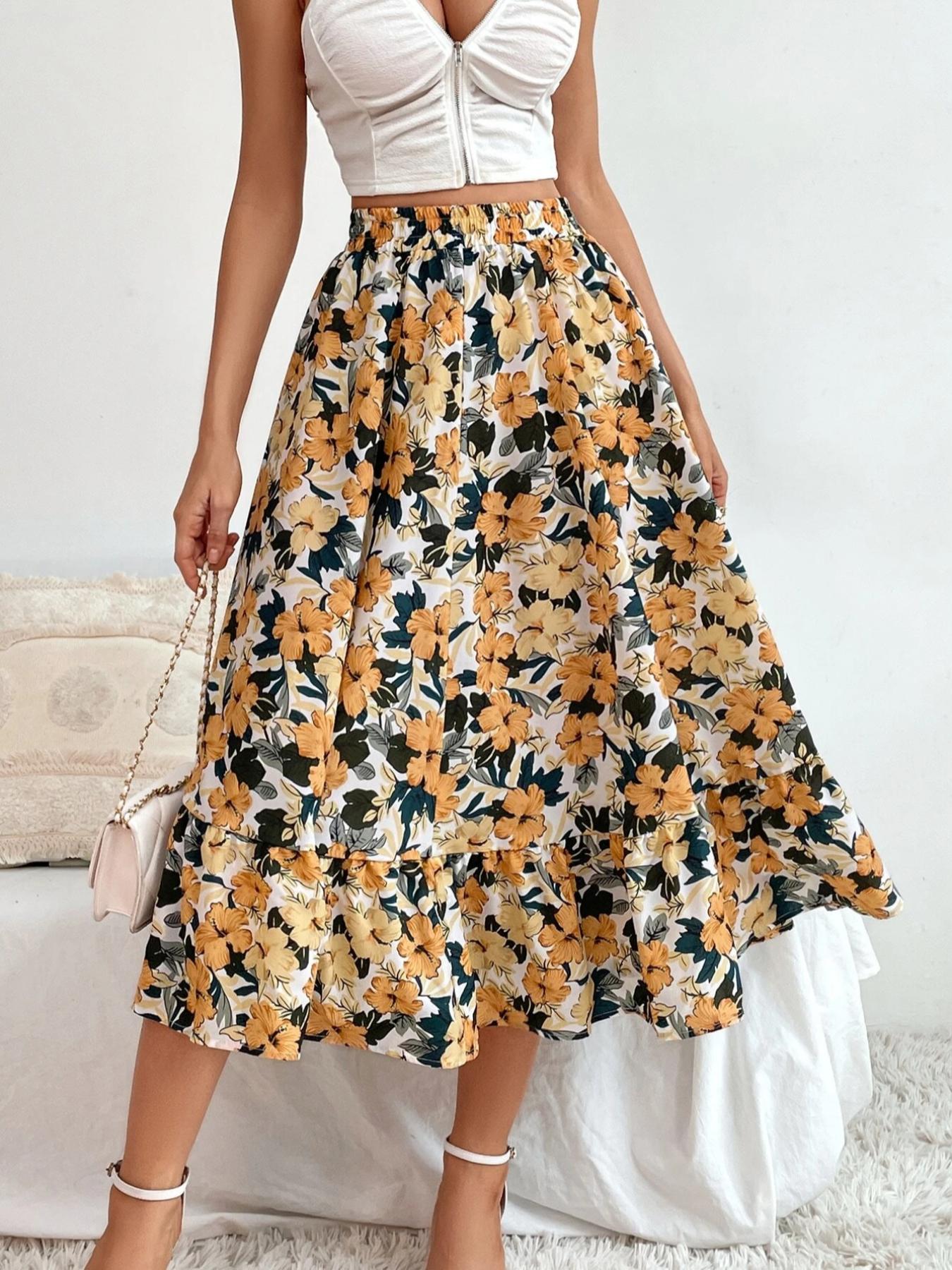 Women's Floral Print Ruffle Hem Elastic Waist Midi Skirt, Summer Clothes Women, Boho Romantic A Line Skirt for Daily Holiday Vacation Wear, Ladies Bottoms for Spring Fall