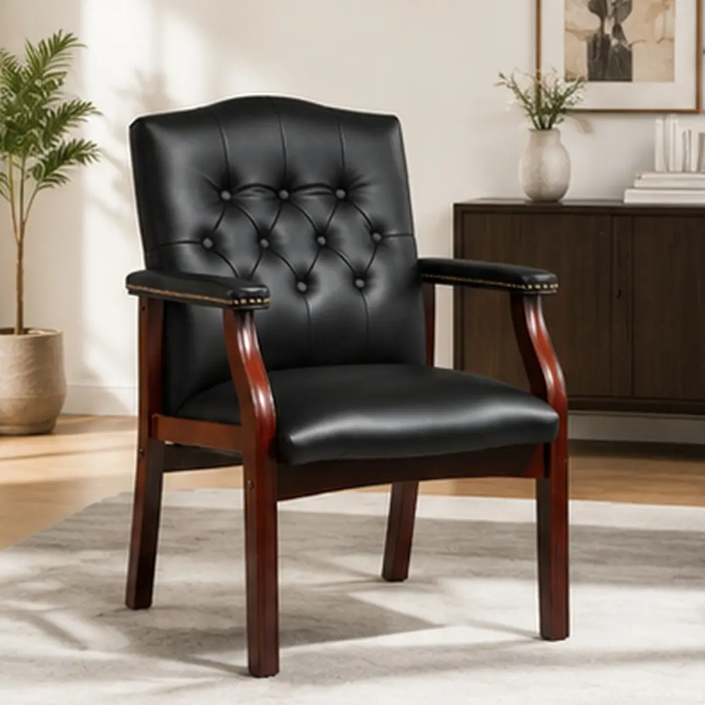 ARCH Traditional Leather Reception Guest Chair - Ergonomic Mid-Back Office Executive Side Chair with Padded Seat & Arms, 275 lbs Capacity, 32.5 lb Weight, 24.2" W x 26.3" D x 35.8" H, for Waiting Room, Button Tufted