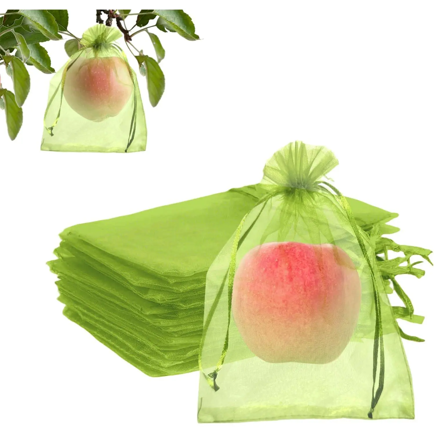 100PCS Fruit Protection Bags, 6x9 Inch Green Fruit Netting Cover Bags Drawstring Mesh Fruit Protectors Pest Barrier for Plant Fruit Flower Veggies Garden