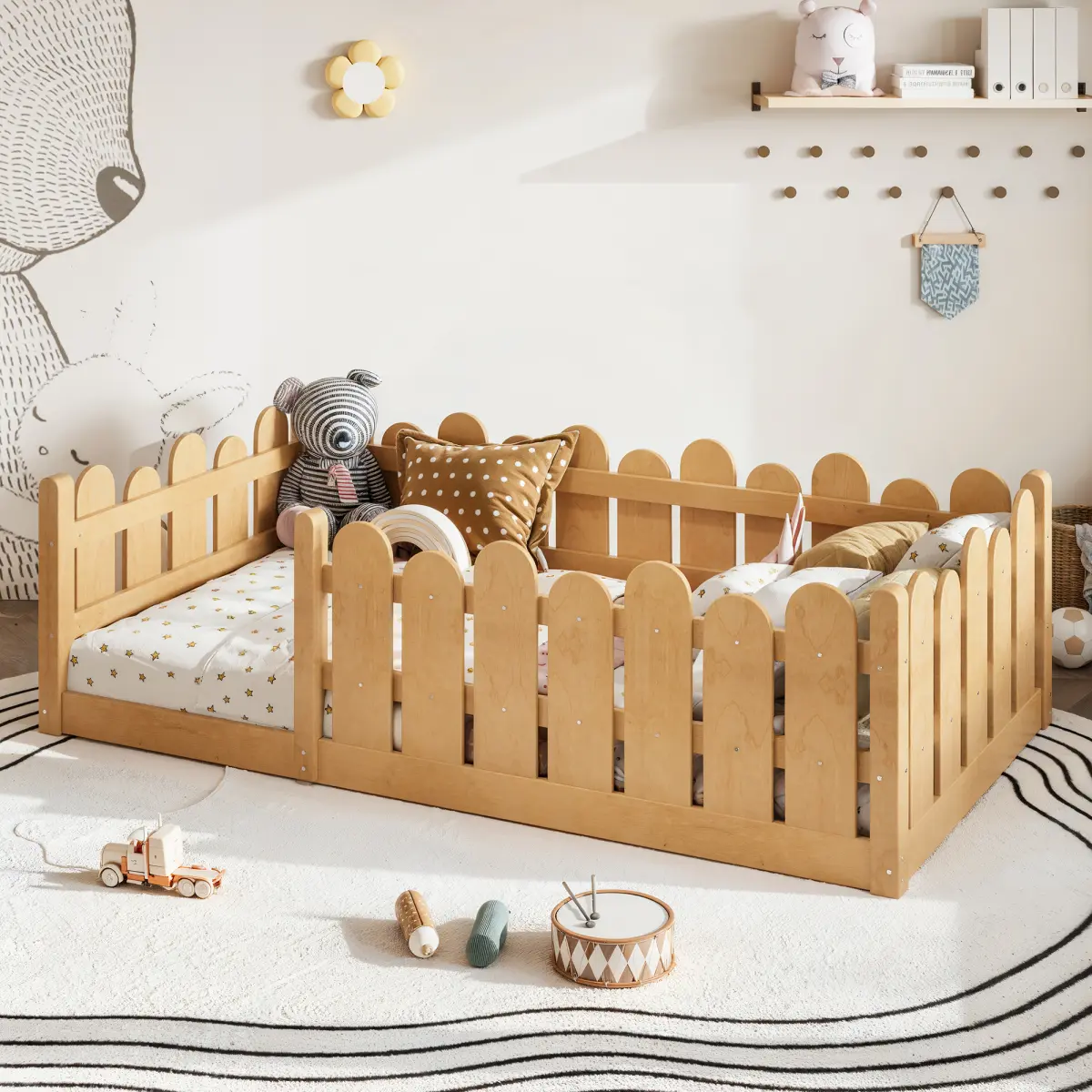 [Bellemave] Twin/Full Montessori Bed with Round Shape Safety Guardrails, Solid Wood Floor Bed Frame for Boys Girls, Low to Ground Design