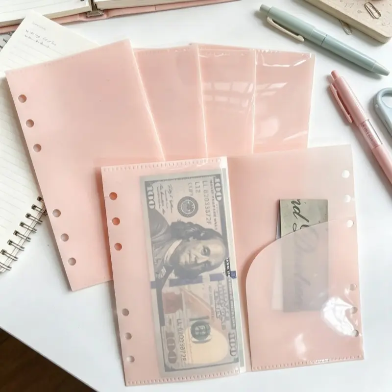 5 Jelly Mallow Color Open-Top A6 Six-Hole PP Binder Bags, Transparent Left and Right Inner Pockets, Ideal for A6 Savings Journals, Cash Sorting, Receipts, Cards, Card Binders, Receipt Organizer