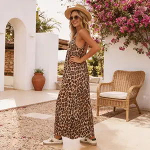 2026 Summer Leopard Floral Print Long Dress Open Back Cami Slip Dress Casual Sundress