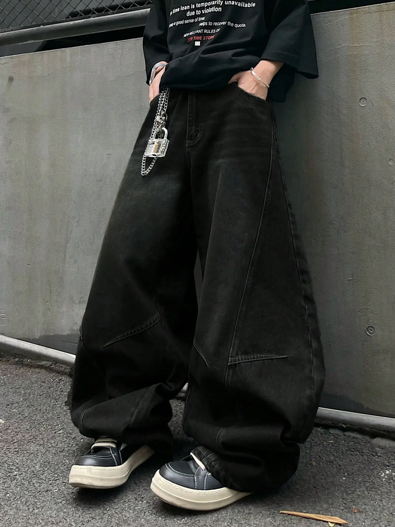 American Vintage Curved Knife Pants for Men, Unique Design Structural Split Washed Jeans, Loose Fit Trendy Wide Leg Long Pants, Jeans Bottoms