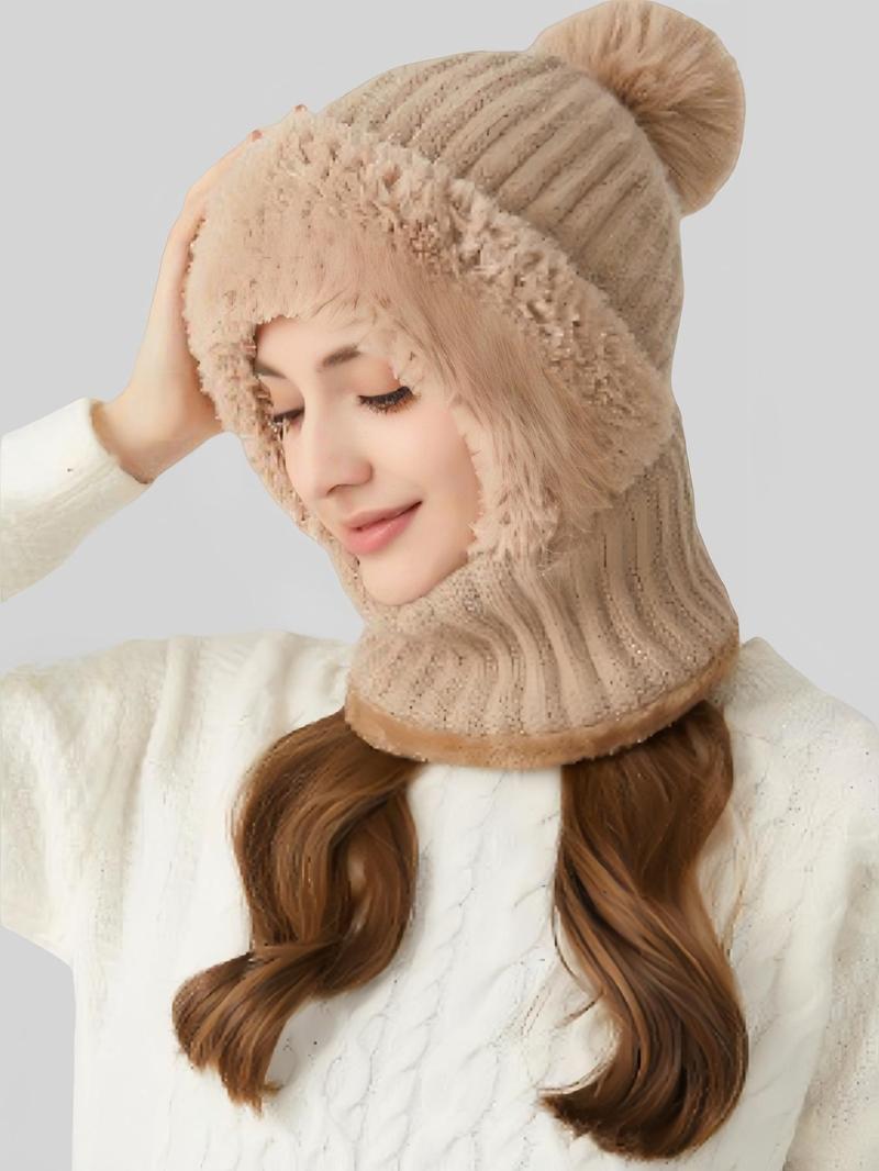 Women's Solid Color Pom Pom Decor Beanie Hat, Casual Warm Thickened Knit Hat for Fall & Winter, Fashion Accessories for Women & Girls