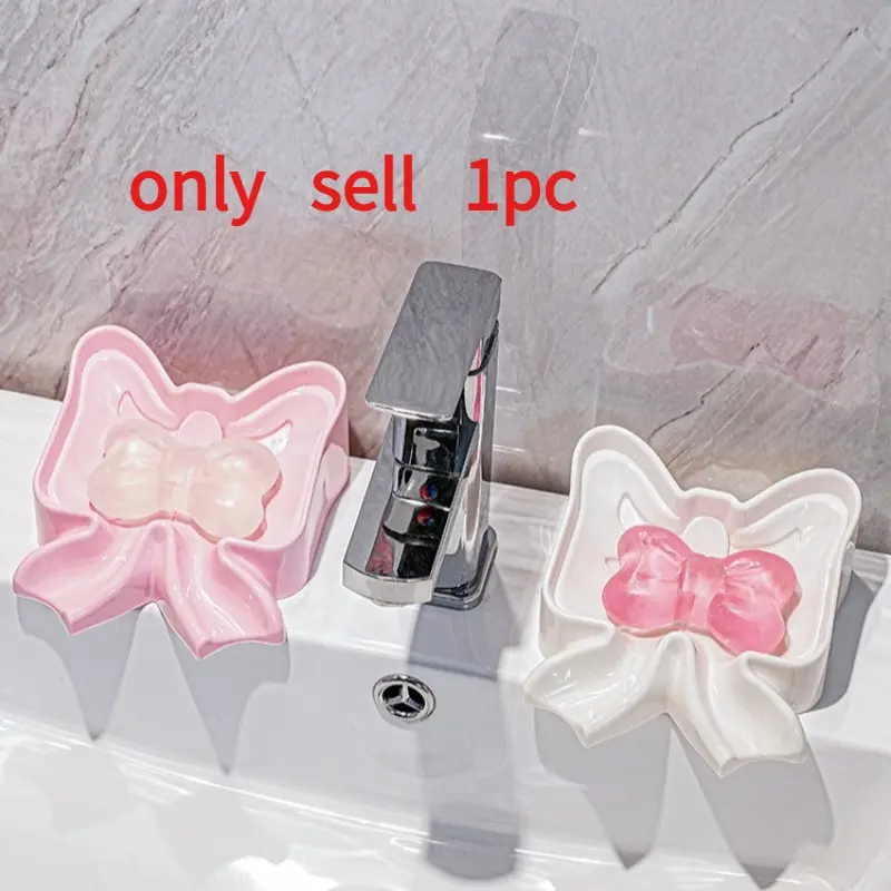 White & Pink Bow Soap Dish - Plastic Bathroom Organizer, Space-Saving Design for Soap Dispenser & Sponge Holder, Elegant Home Decor Accessory, Fashionable Bathroom Supplies