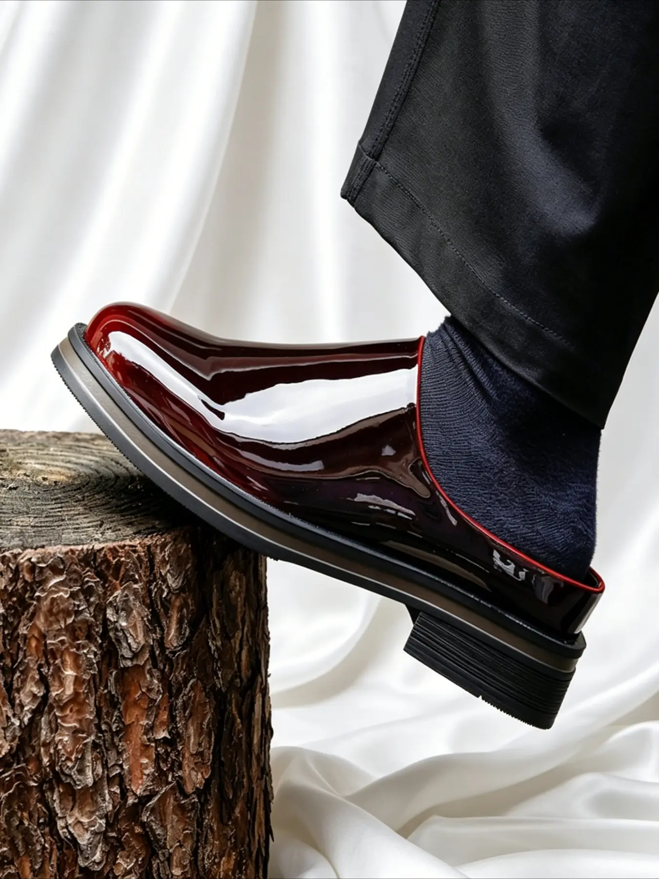 Men Shoes Backless Slip on Round Toe Half Enclosed Mules Retro British Style Shiny Patent Leather Niche Design Thick Low Heel Casual Business Outdoor Wearable Men Half Slippers Leather Shoes Footwear