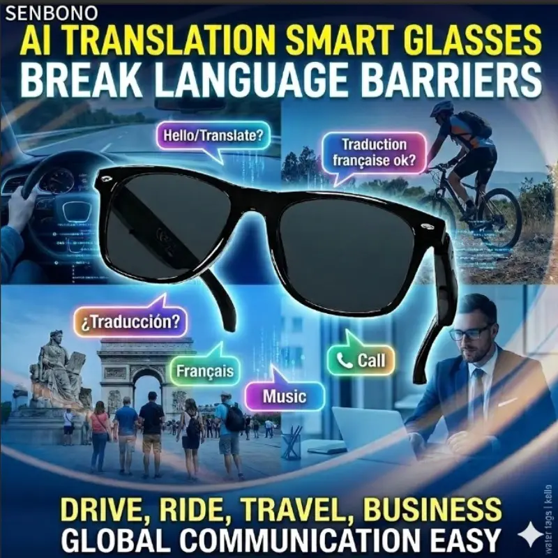 SENBONO Smart Translation Glasses  with Real Time Translation, Voice Assistant, Wireless Eyewear, Wearable Tech Glasses for Travel/Meetings/ remote camera/ Bluetooth calling/music/AI translation/Multifunctional Smart Glasses