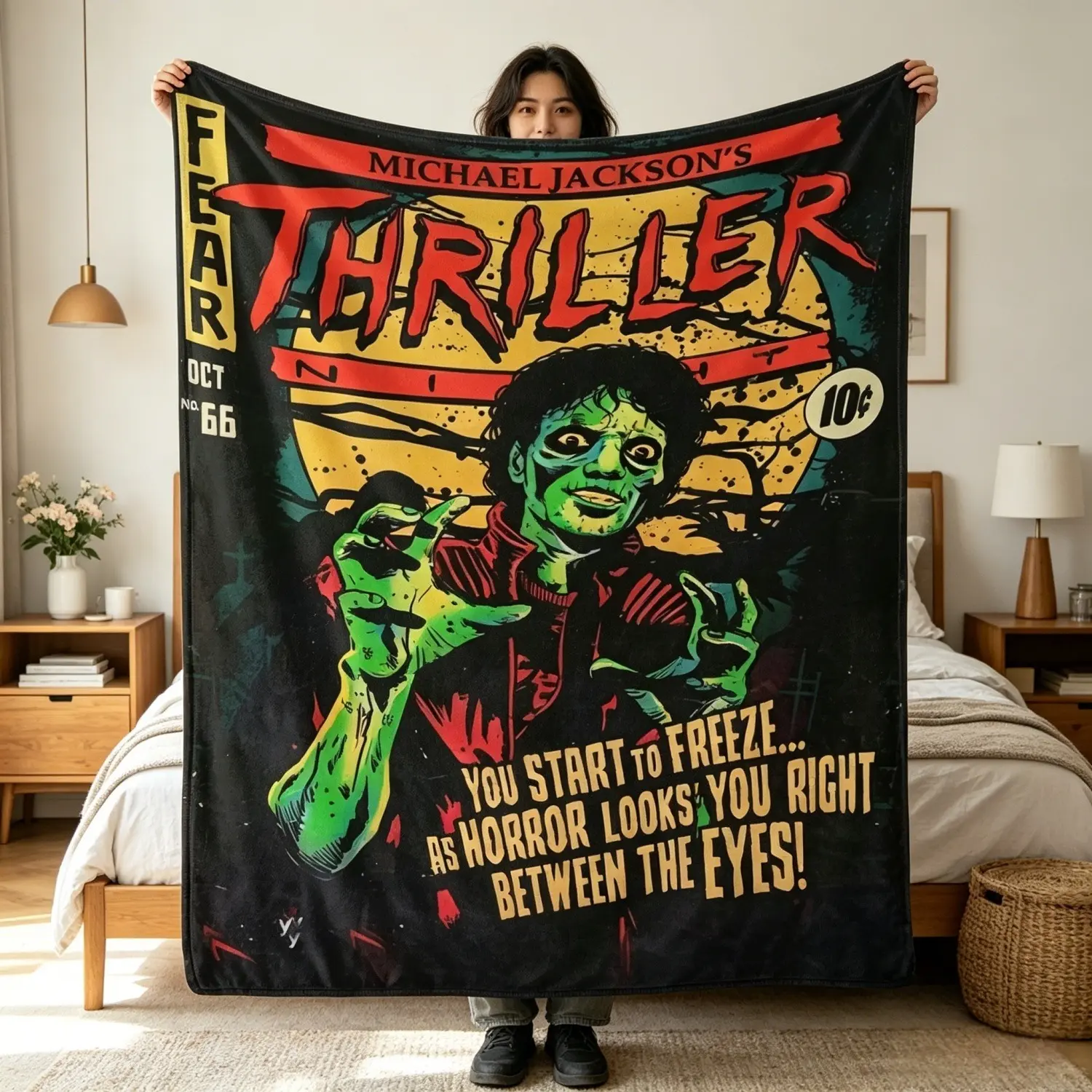 Michael Jackson Thriller Comic Flannel Blanket - Retro Horror Pop Throw with Iconic Thriller Art | Ultra-Soft Cozy Warm Blanket, Perfect for Music Fans, Spooky Halloween Decor, and Unique Holiday Gifts, Ideal for Year-Round Snuggling
