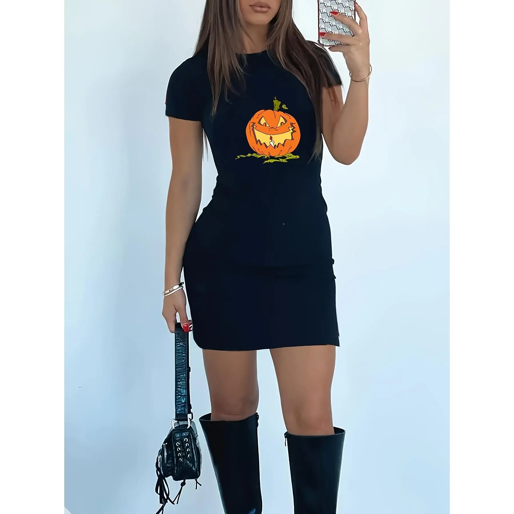 Women'S Halloween Pumpkin Print Dress, Elegant Round Neck Short Sleeve Stretch T-Shirt Mini Dress, Polyester Knit Fabric, Adult Seasonal Clothing