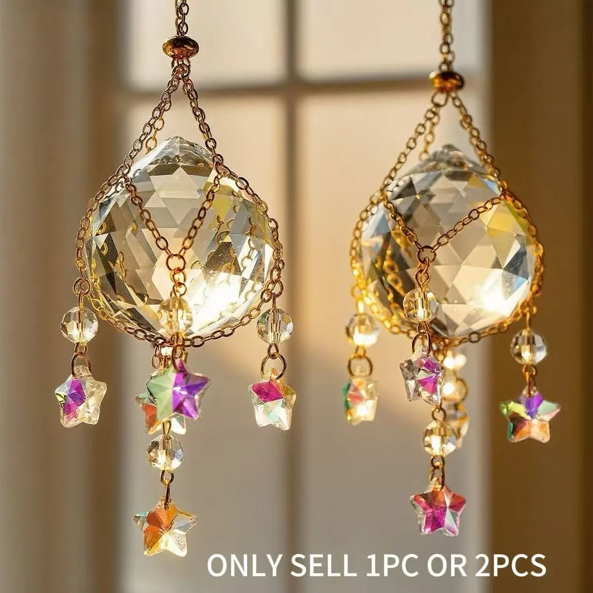 Star Pendant Teardrop Crystal Sun Catcher, Chain, Window Rainbow Hanging Decoration, Elegant Home Decor Accessory