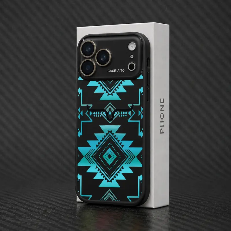 Western Aztec Geometric Bull Head Pattern Phone Casing - Turquoise Southwest Tribal Print, Slim Lightweight Shockproof Durable Cover for iPhone 18,17 Air,16 Pro Max,15,14 Plus,13,12 | Cellphone Handheld Devices Accessories