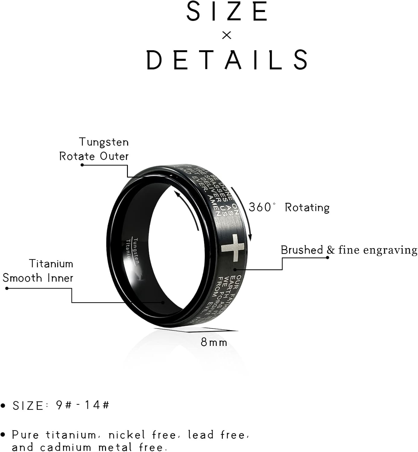 Titanium Tungsten Spinner Wedding Mens Rings Half Size, Nickel Free Fidget Anxiety Ring for Men Women, Basic Plain Brushed/Brick/Cross/Hammered Engagement Promise Ring for Him Comfort fit 4-16