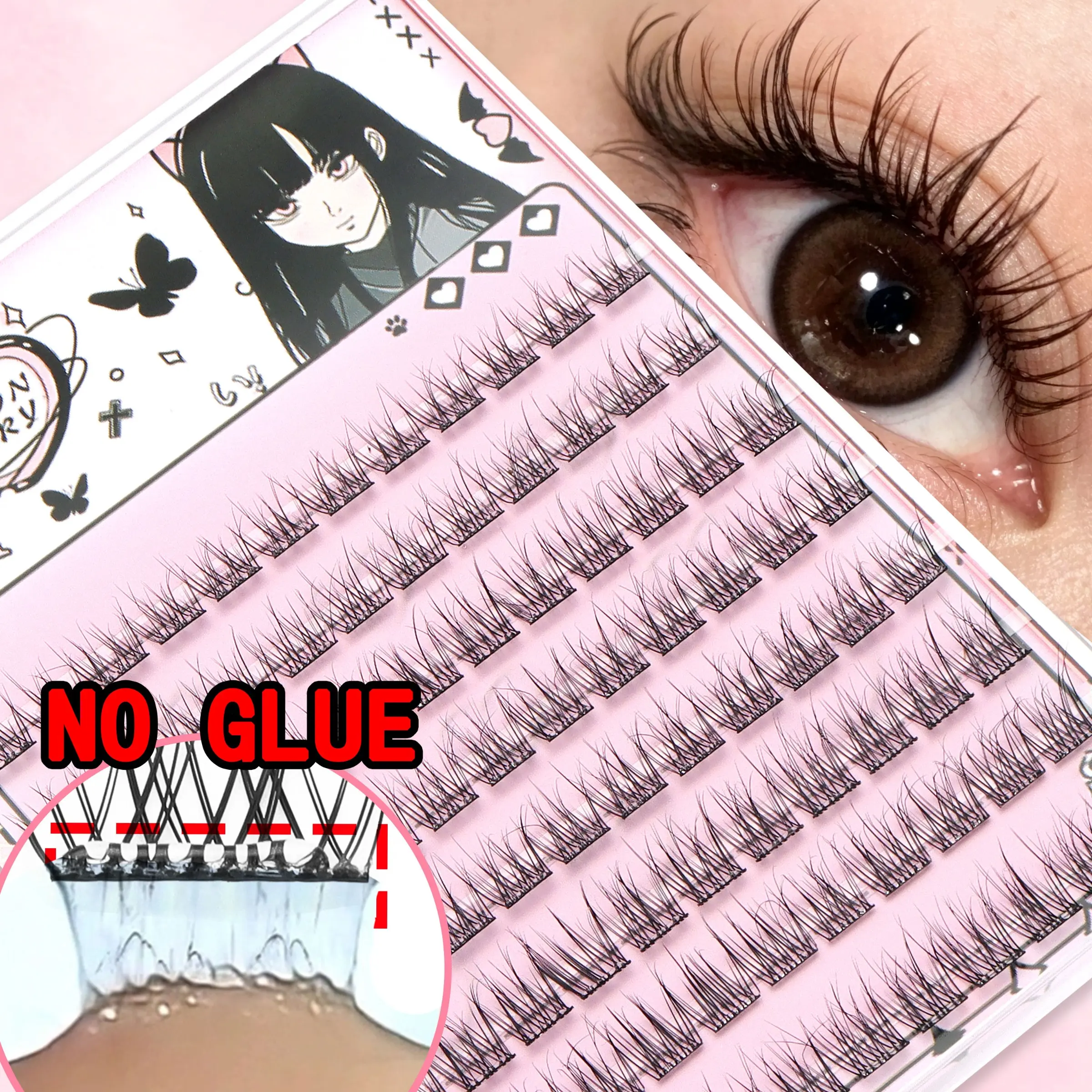 96 Pairs Glue-Free Fish Tail False Eyelashes, Lightweight Natural Look, Self-Adhesive Segmented Design, Easy Home Use for Korean Anime Eye Effect