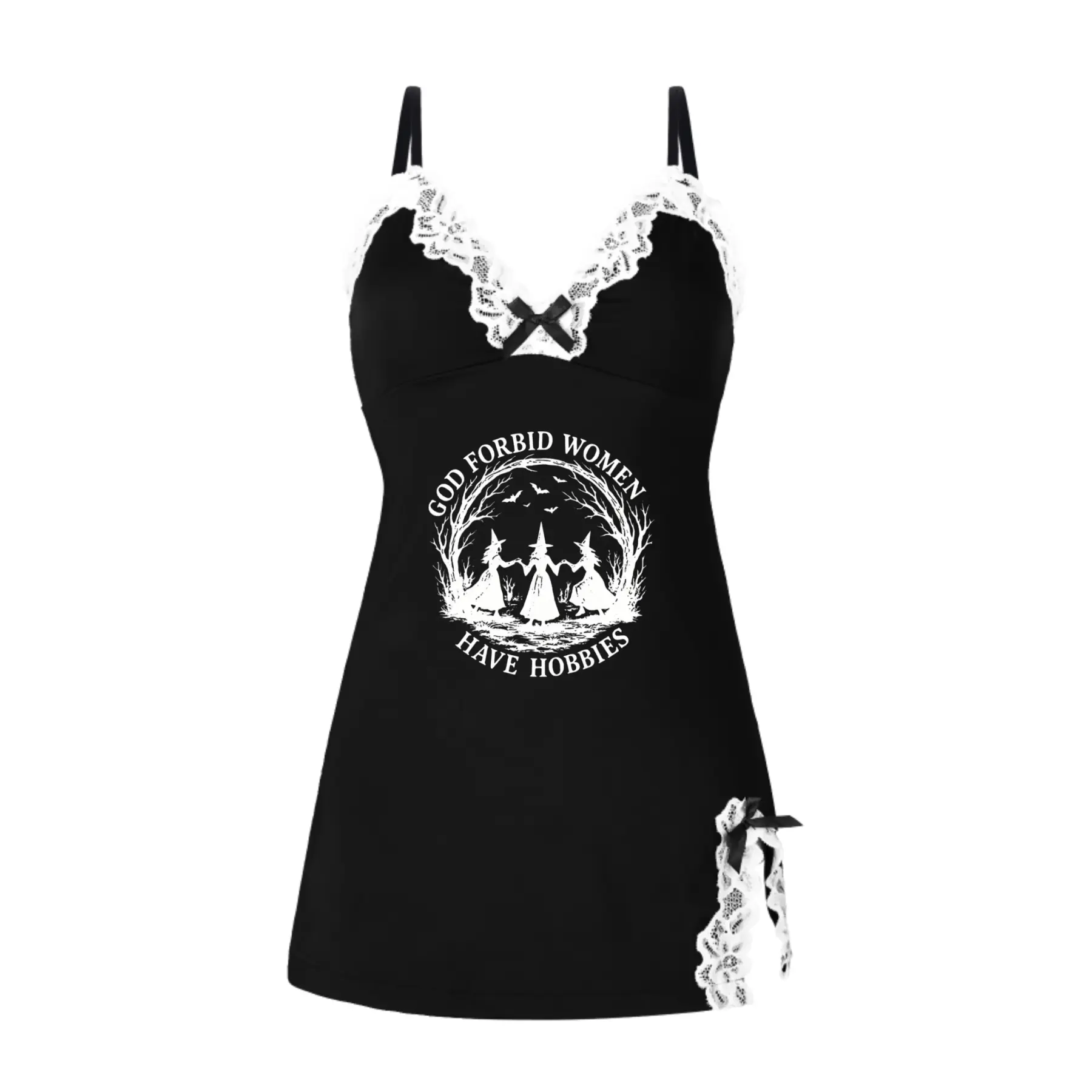 Women's Witchy Gothic V-Neck Nylon Blend Nightgown - Ultra Soft, Machine Washable, Witch Print Lace Slip Dress with Spaghetti Straps, Side Slit, Spooky Halloween Sleepwear & Loungewear, Machine Wash, V-Neck Cut
