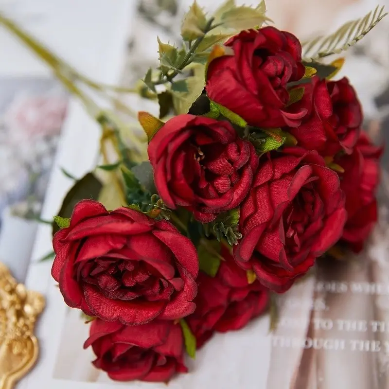 Vintage 8-Head Artificial Silk Peony Gold Rose Decorative Fake Flowers, Wedding Table Party Bouquet DIY Home Decoration, Photography Props