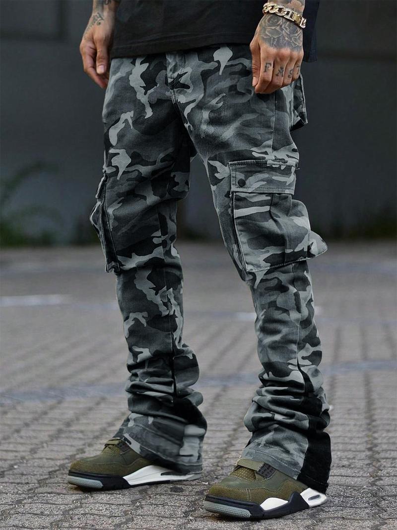 Men's Camo Print Drawstring Waist Cargo Pants, Regular Fit Street Fashion Pocket Split Hem Trousers, Men's Bottoms for All Seasons Daily Wear