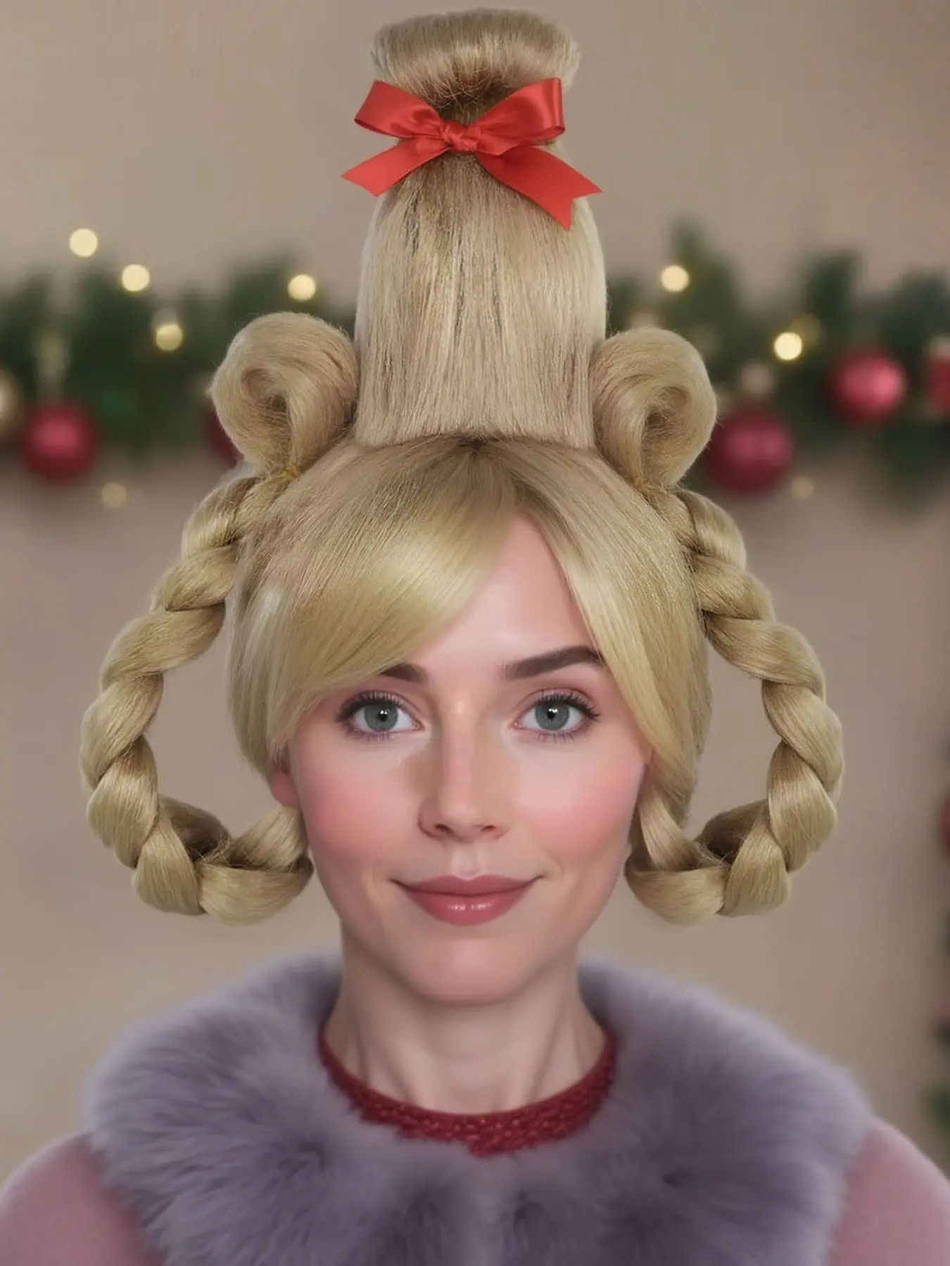 Honey Blonde Pre-Shaped Updo Wig, Multi Braided Buns & Bow, Synthetic Hair Wig, Retro Holiday Cosplay Accessory, Christmas Halloween Party, Synthetic Wigs
