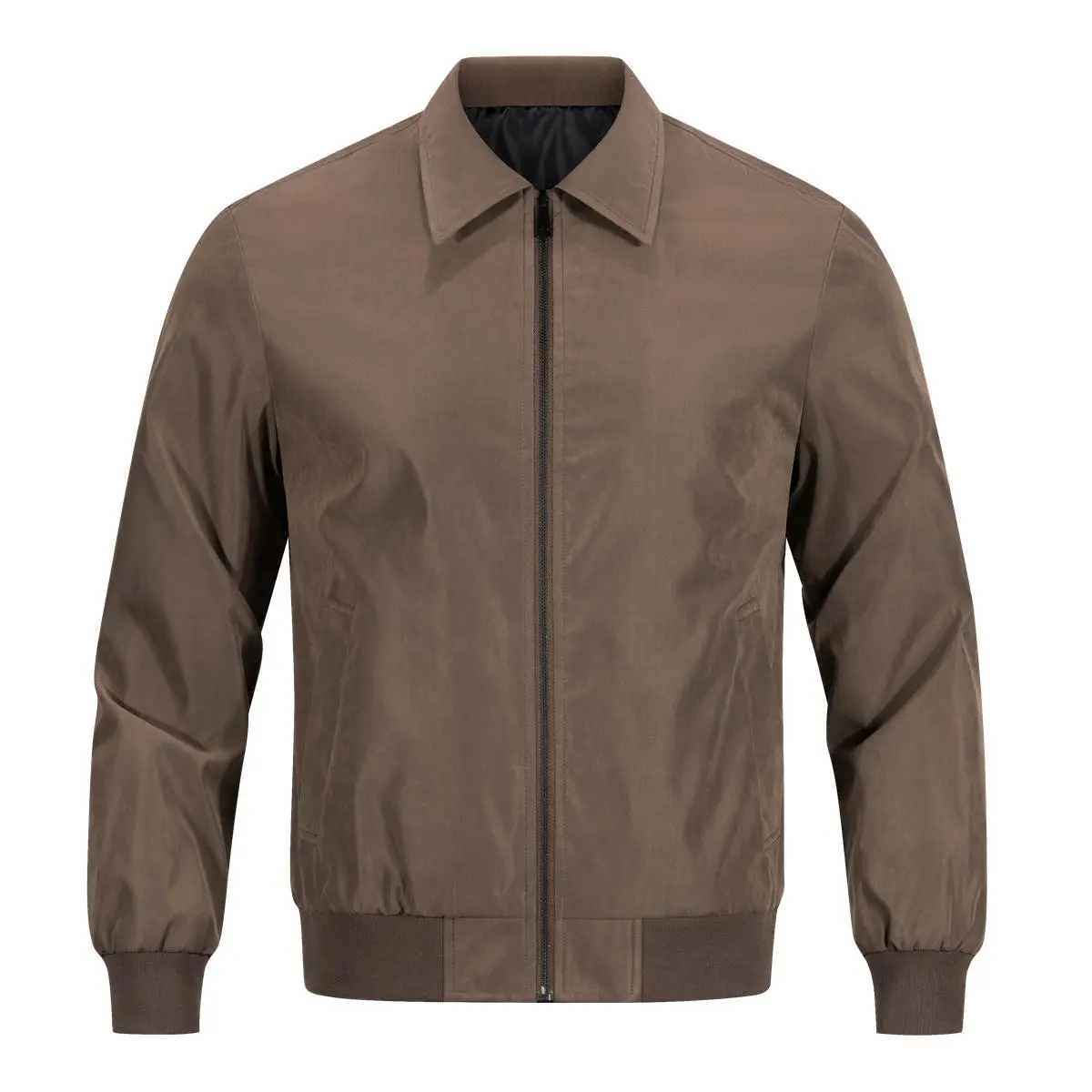 Men Lapel Collar Bomber Jacket, Solid Brown Full Zip Lightweight Harrington Coat with Ribbed Hem & Cuffs, Business Casual Daily Windproof Outerwear
