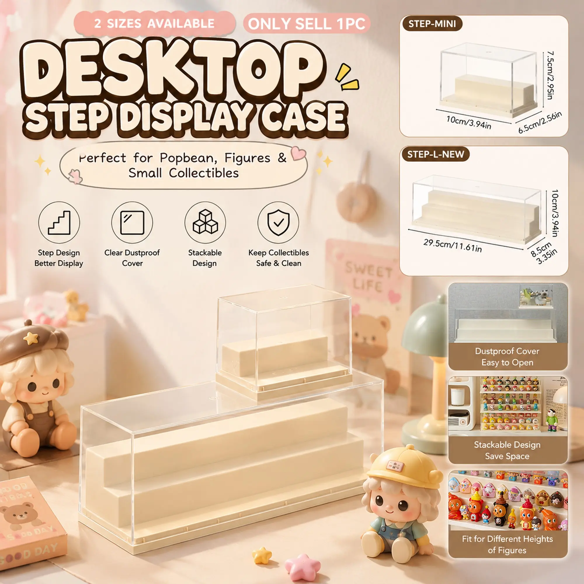 PopBean Display Case with Tiered Step Riser, Stackable Design Save Space Clear Acrylic Storage Showcase Organizer Box for Pop Mart Popbean, Blind Boxes, Micro Action Figures, Tiny Dolls, Collectibles, Figurines, Dustproof Cover, Cream White