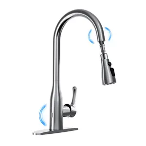 Touchless Kitchen Faucet with Dual Motion Sensors, Pull-Down Sprayer & Water-Saving Stainless Steel, Modern Single Handle High Arc Faucet for Farmhouse, RV, Laundry Room, 1 or 3 Hole Easy Installation