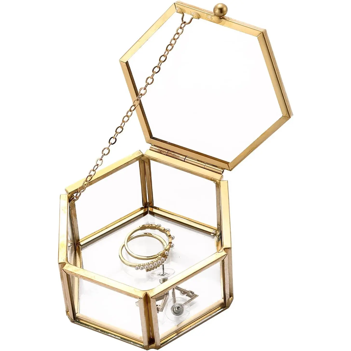Small Golden  Glass  Box | 3.1 x 2.5 x 1.7 Inch Compact  Lidded Box Decorative Glass Boxes for Display, Clear Hexagonal Box Rings Bracelet Earring Organizer
