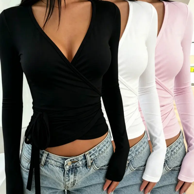 Casual V-Neck Long Sleeve T-Shirt, Cross Strap Design, Slim Fit, Soft & Comfortable, Versatile Daily Wear, Plain Style, Casual T Shirts