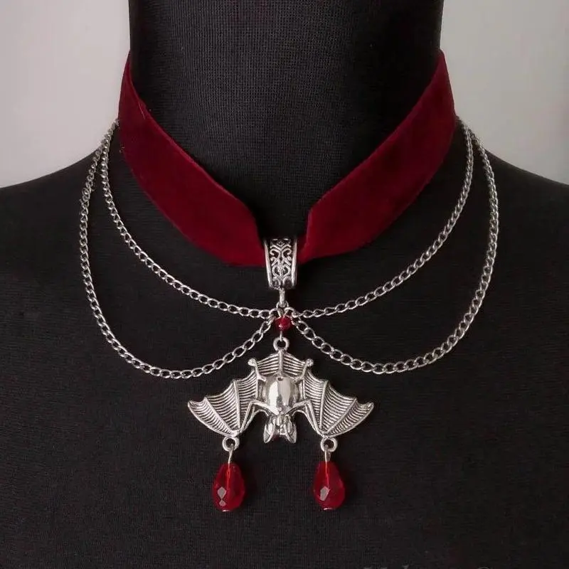 Women's Goth Red Velvet Choker with Bat Charm - Metal Coated Unisex Victorian Punk Vampire Jewelry, Long Chain Party Wear Halloween Gift Accessory
