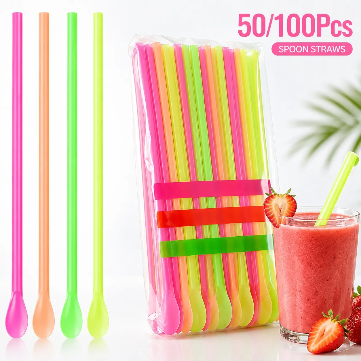 50/100PCS Halloween Rainbow Spoon Straws, 8" Fun Ice Cream & Slushie Straws with Spoon Tip, Wrapped Disposable Straws for Party Cups, Smoothies & Snack Shops