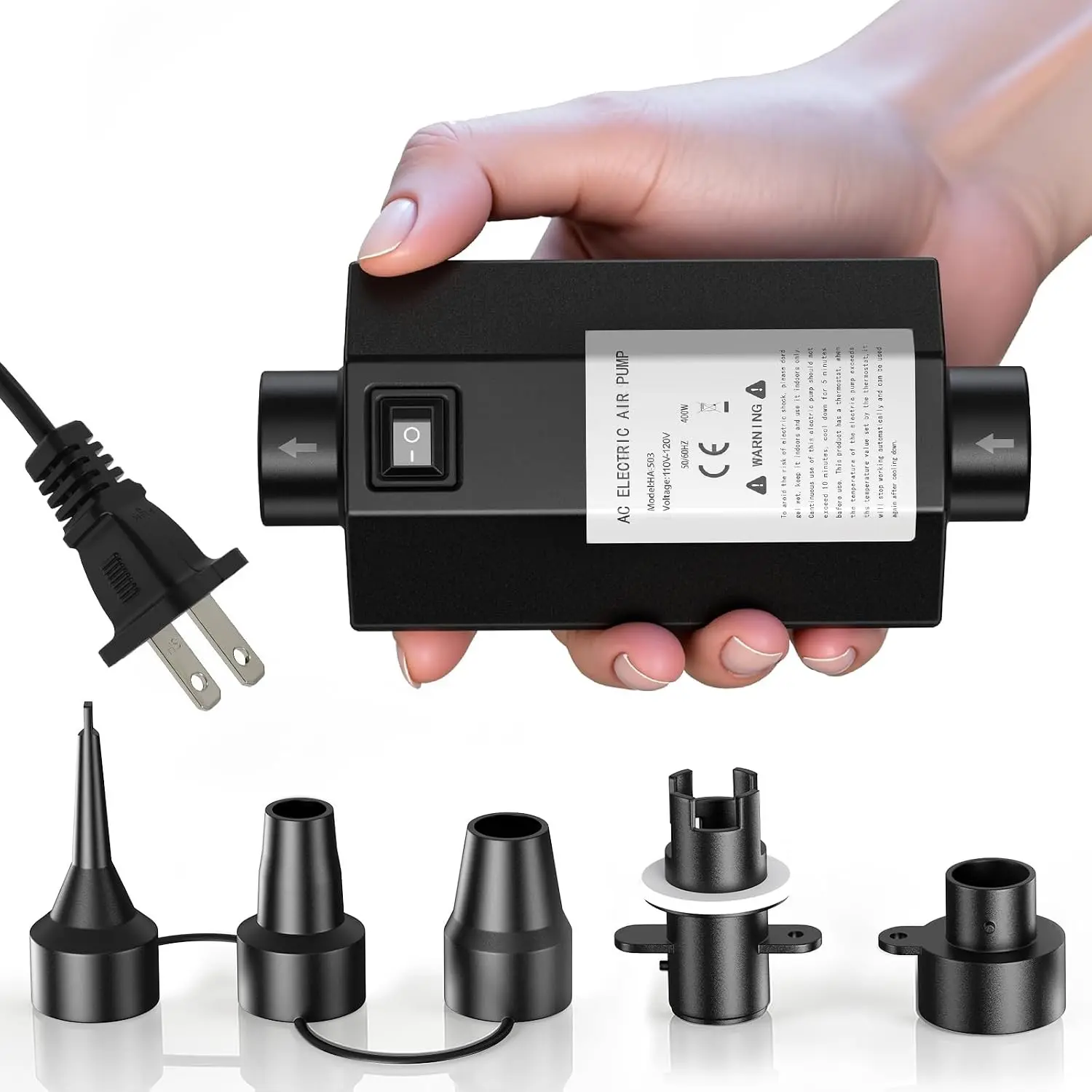 Compact Air Pump for Inflatables: 400W High Power Electric Inflator Deflator, Quick-Fill with 5 Nozzles, AC 110V-120V for Air Mattress Pool Floats, Household & Outdoor Inflatables