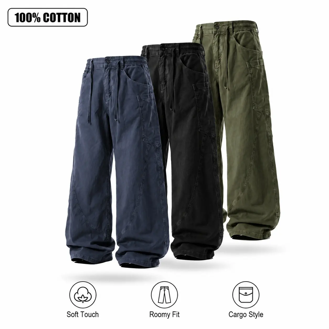 Men's 100% Natural Cotton Casual Cargo Pants - Relaxed Straight Leg Utility Trousers with Curved Seam, Elastic Waist, Buttons, Side Pockets, Loose-Fitting Design for Streetwear, All Seasons, Machine Washable, Mid Waist, Plain, Soft, Drawstring, Soft Natur