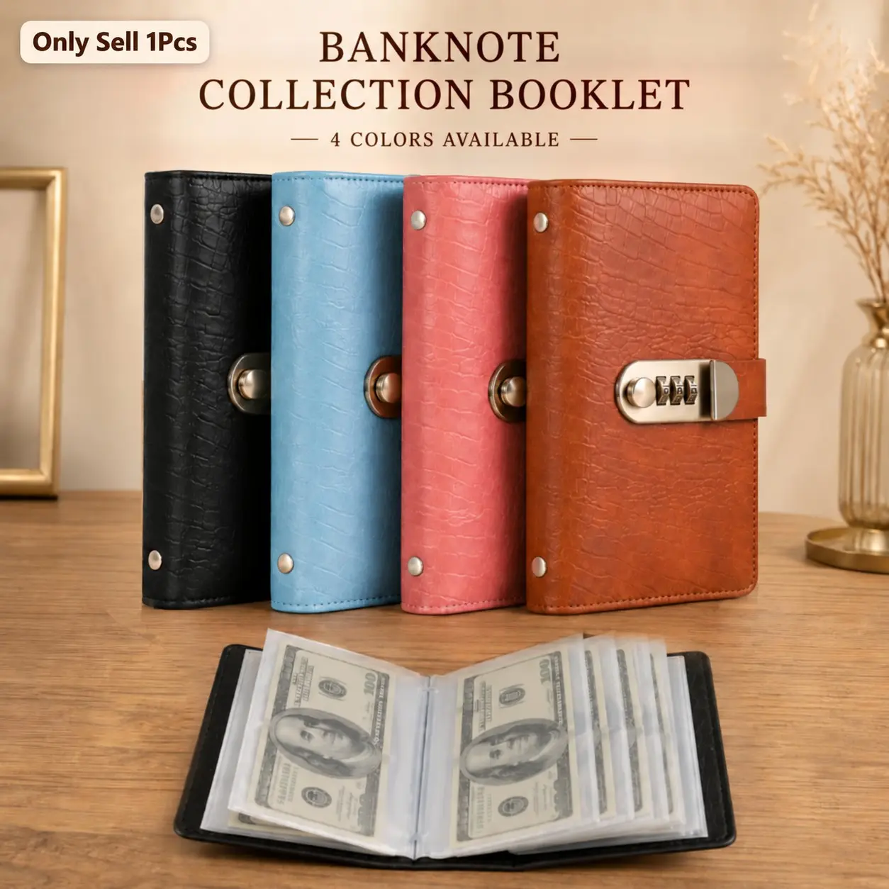 100-Transparent-Pocket Currency Collectors Album, Cash Binder, PU Leather with Password Lock, High Clarity Thickened Sleeves for Double-Sided Display, Large Capacity Storage for 100 Banknotes, Perfect for Collectors, Office Accounting Supplies